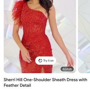 Sherri Hill Scarlet One-Shoulder Dress with Feather Accent